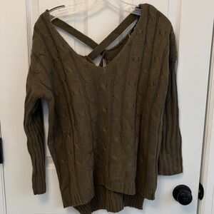 Simplee Apparel Olive V-Neck Cable Knit Sweater with Crisscross Back (NWT)